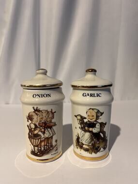 Vintage M.J. Hummel Onion & Garlic Porcelain Spice Jars Gold Trim Set of 2
